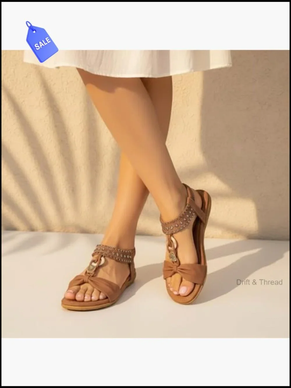 Bohemian Beaded Flat Sandals Elastic Ankle Strap Casual Slip On Comfortable